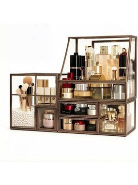 Elegant Glass Makeup Organizer with Antique Bronze Frame - Vanity Storage for